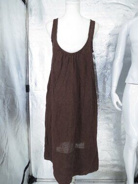 Pure DKNY Brown Linen Tank Midi Dress Brown Medium Sleeveless Scoop Neck Pockets